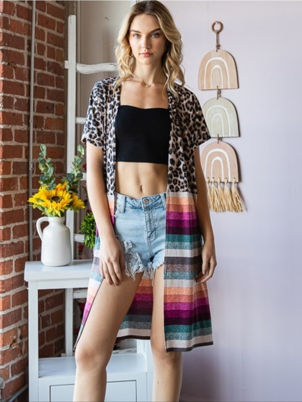New Heimish Animal Print & Striped Open Cardigan